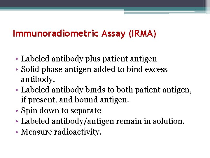 Immunoradiometric Assay (IRMA) • Labeled antibody plus patient antigen • Solid phase antigen added