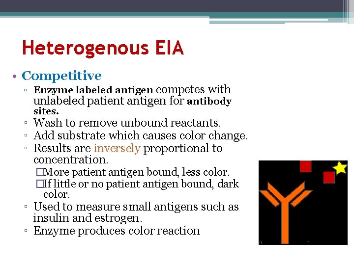 Heterogenous EIA • Competitive ▫ Enzyme labeled antigen competes with unlabeled patient antigen for