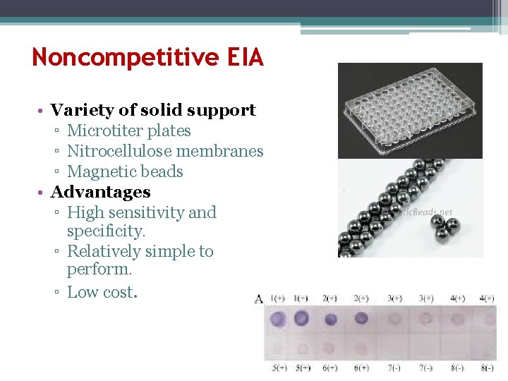 Noncompetitive EIA • Variety of solid support ▫ Microtiter plates ▫ Nitrocellulose membranes ▫