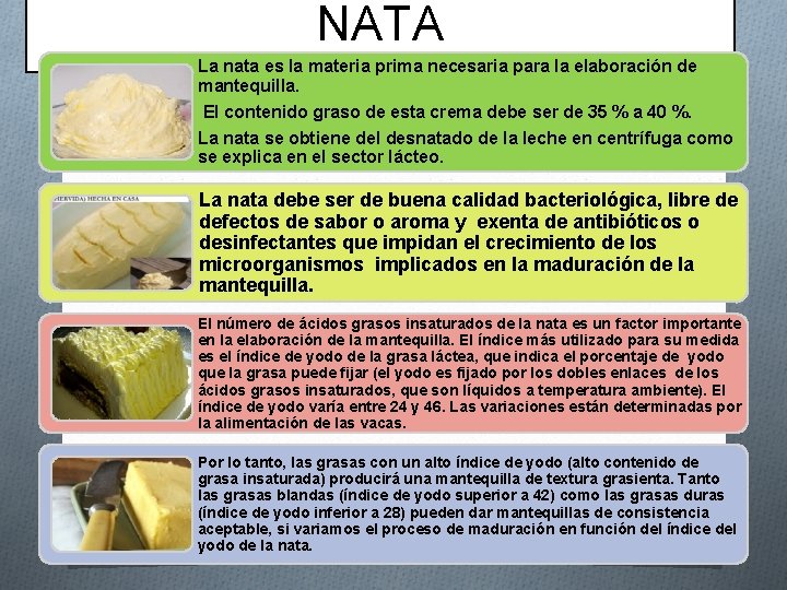 NATA La nata es la materia prima necesaria para la elaboración de mantequilla. El