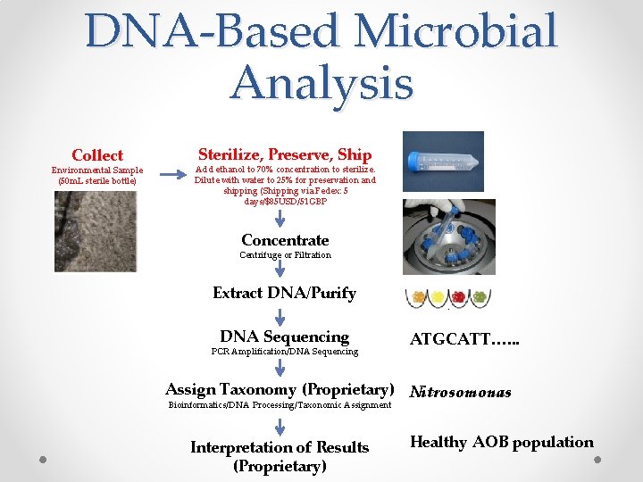 DNA-Based Microbial Analysis Collect Environmental Sample (50 m. L sterile bottle) Sterilize, Preserve, Ship