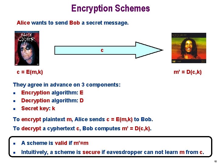 Encryption Schemes Alice wants to send Bob a secret message. c c = E(m,