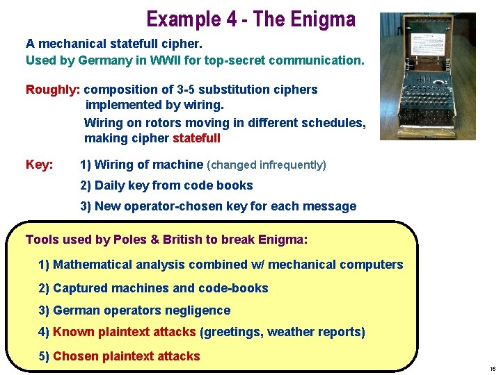 Example 4 - The Enigma A mechanical statefull cipher. Used by Germany in WWII