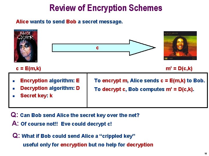 Review of Encryption Schemes Alice wants to send Bob a secret message. c c