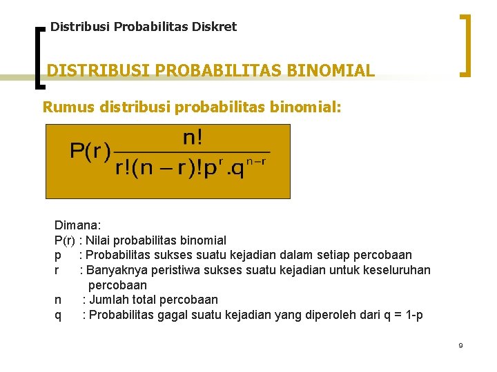 Distribusi Probabilitas Diskret DISTRIBUSI PROBABILITAS BINOMIAL Rumus distribusi probabilitas binomial: Dimana: P(r) : Nilai Distribusi Probabilitas Diskret DISTRIBUSI PROBABILITAS BINOMIAL Rumus distribusi probabilitas binomial: Dimana: P(r) : Nilai