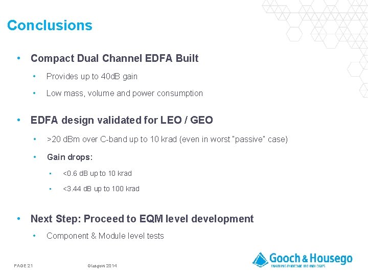Conclusions • Compact Dual Channel EDFA Built • Provides up to 40 d. B