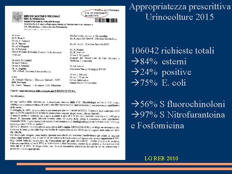 Appropriatezza prescrittiva Urinocolture 2015 106042 richieste totali 84% esterni 24% positive 75% E. coli