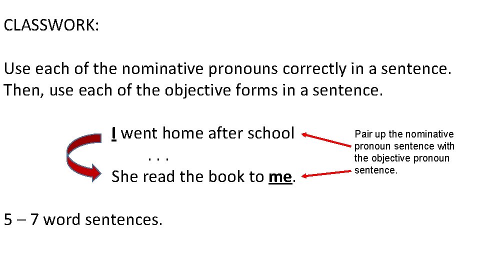 CLASSWORK: Use each of the nominative pronouns correctly in a sentence. Then, use each