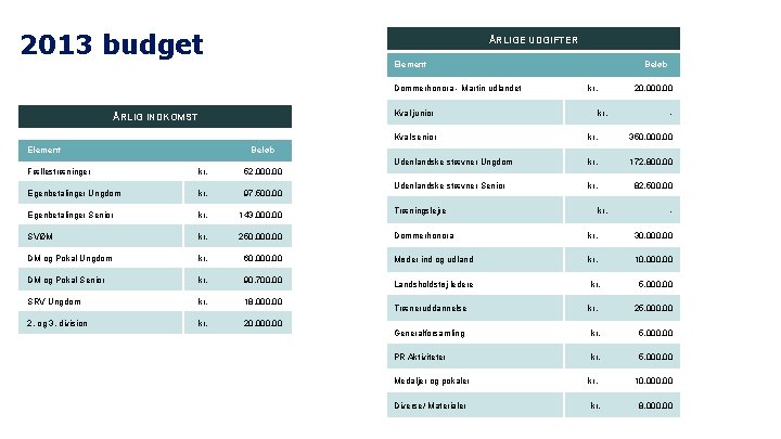 2013 budget ÅRLIGE UDGIFTER Element Dommerhonora - Martin udlandet Kval junior ÅRLIG INDKOMST Element