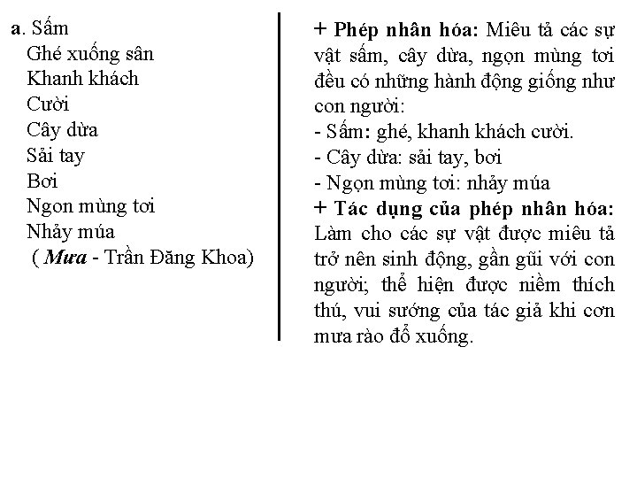 a. Sấm Ghé xuống sân Khanh khách Cười Cây dừa Sải tay Bơi Ngon