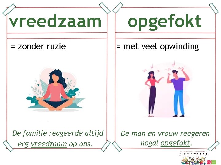 vreedzaam = zonder ruzie De familie reageerde altijd erg vreedzaam op ons. opgefokt =