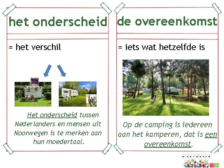 het onderscheid de overeenkomst = het verschil Het onderscheid tussen Nederlanders en mensen uit