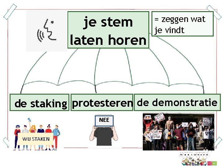 je stem laten horen = zeggen wat je vindt de staking protesteren de demonstratie