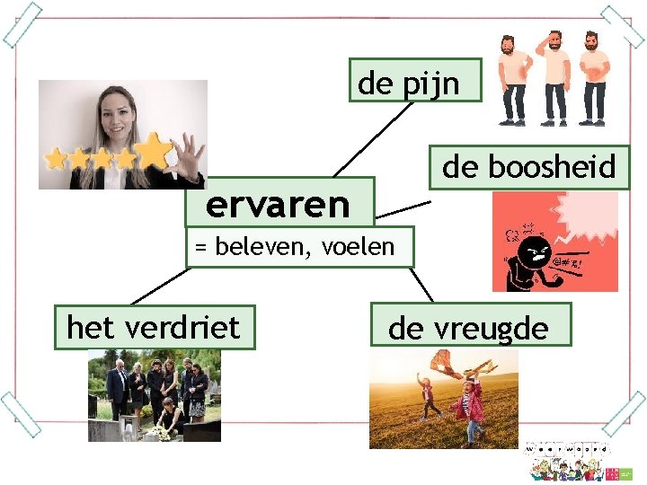 de pijn de boosheid ervaren = beleven, voelen het verdriet de vreugde 