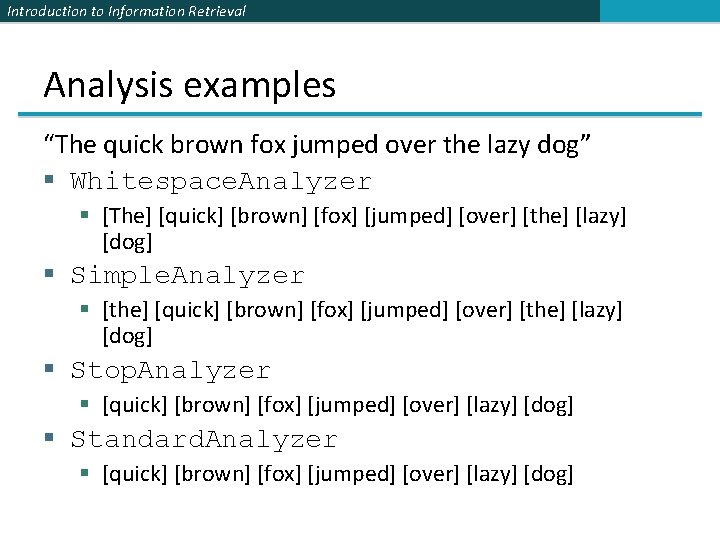 Introduction to Information Retrieval Analysis examples “The quick brown fox jumped over the lazy