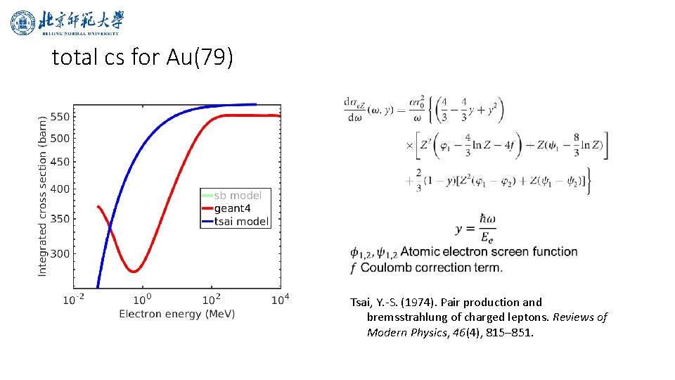 total cs for Au(79) Tsai, Y. -S. (1974). Pair production and bremsstrahlung of charged