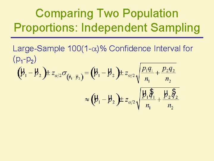 Comparing Two Population Proportions: Independent Sampling Large-Sample 100(1 - )% Confidence Interval for (p