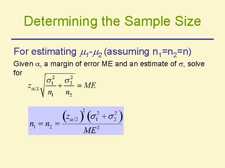 Determining the Sample Size For estimating 1 - 2 (assuming n 1=n 2=n) Given