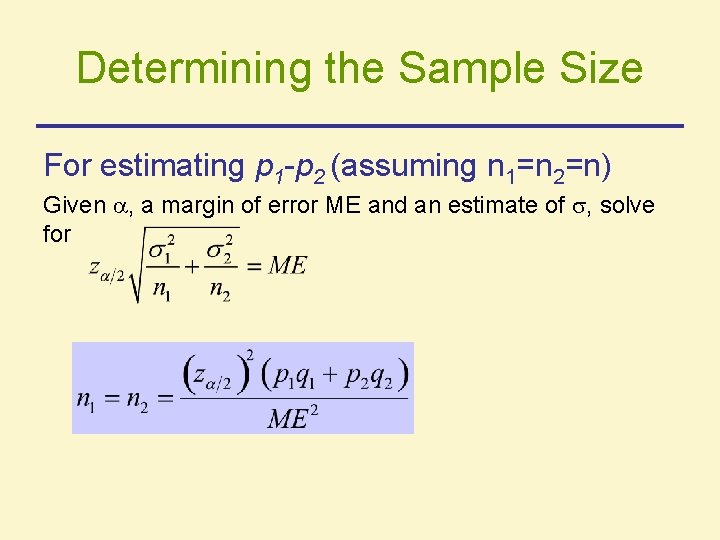 Determining the Sample Size For estimating p 1 -p 2 (assuming n 1=n 2=n)