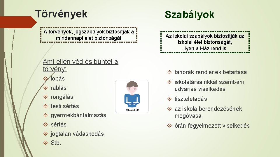 Törvények A törvények, jogszabályok biztosítják a mindennapi élet biztonságát Ami ellen véd és büntet