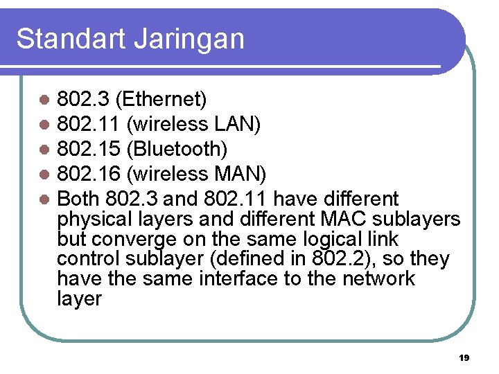 Standart Jaringan l l l 802. 3 (Ethernet) 802. 11 (wireless LAN) 802. 15