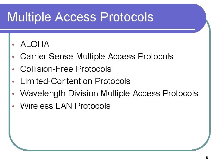 Multiple Access Protocols • • • ALOHA Carrier Sense Multiple Access Protocols Collision-Free Protocols