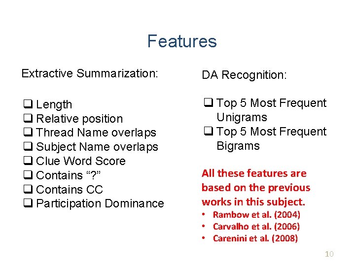 Features Extractive Summarization: DA Recognition: q Length q Relative position q Thread Name overlaps