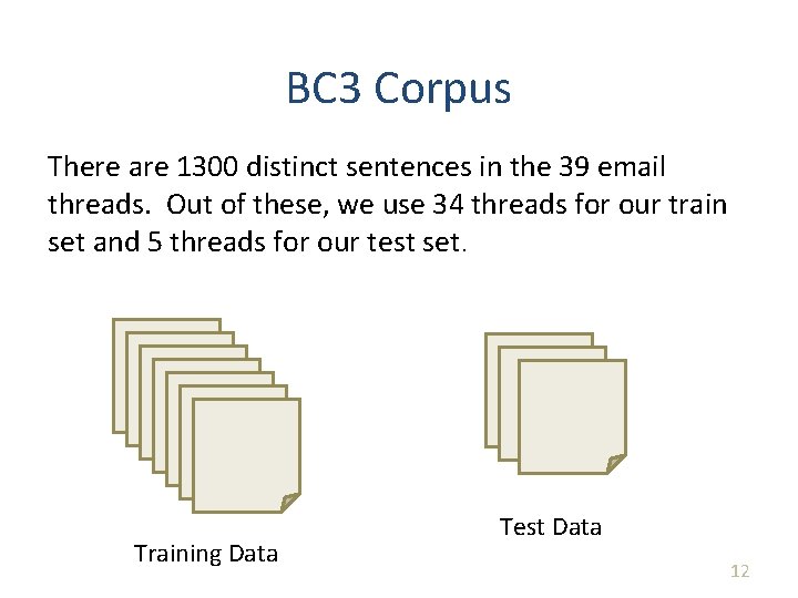 BC 3 Corpus There are 1300 distinct sentences in the 39 email threads. Out