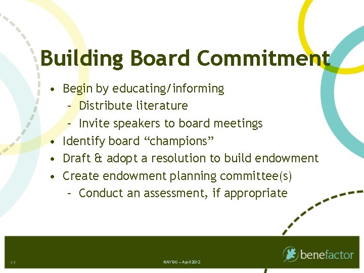 Building Board Commitment • Begin by educating/informing – Distribute literature – Invite speakers to