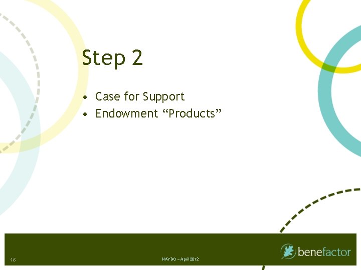 Step 2 • Case for Support • Endowment “Products” 16 NAYDO – April 2012