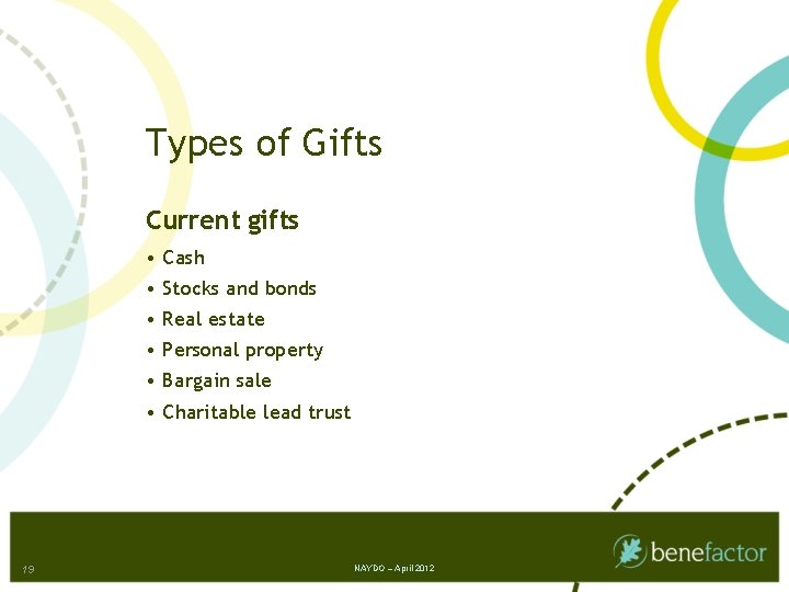 Types of Gifts Current gifts • Cash • Stocks and bonds • Real estate
