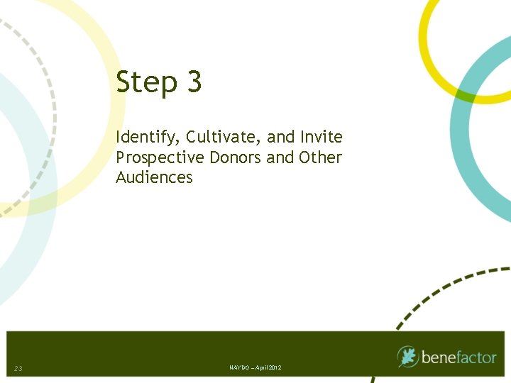Step 3 Identify, Cultivate, and Invite Prospective Donors and Other Audiences 23 NAYDO –