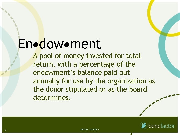 En dow ment A pool of money invested for total return, with a percentage