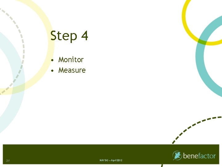 Step 4 • Monitor • Measure 31 NAYDO – April 2012 