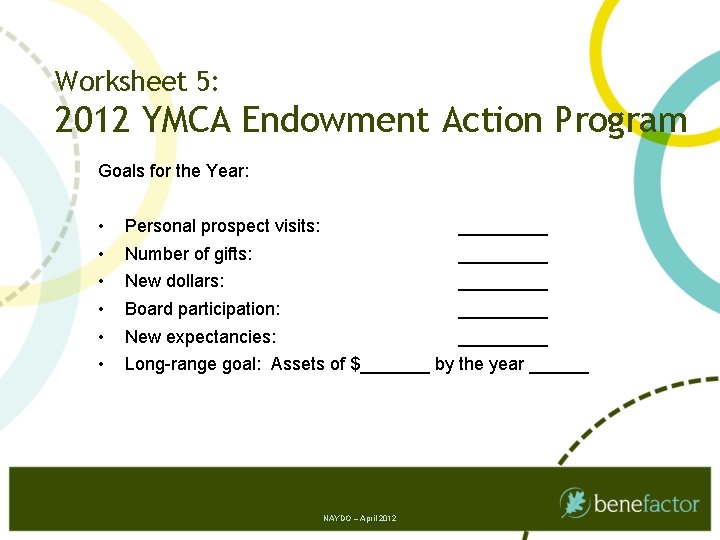 Worksheet 5: 2012 YMCA Endowment Action Program Goals for the Year: • • •