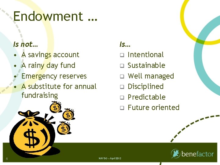 Endowment … Is • • 5 not… A savings account A rainy day fund