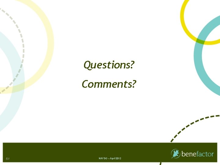 Questions? Comments? 51 NAYDO – April 2012 