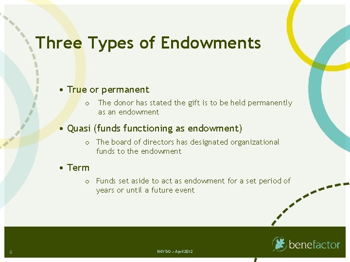 Three Types of Endowments • True or permanent o The donor has stated the