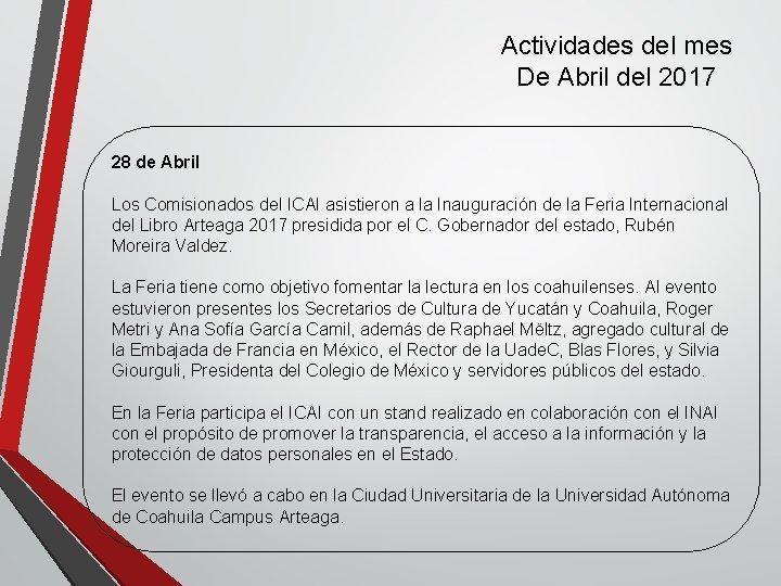 Actividades del mes De Abril del 2017 28 de Abril Los Comisionados del ICAI