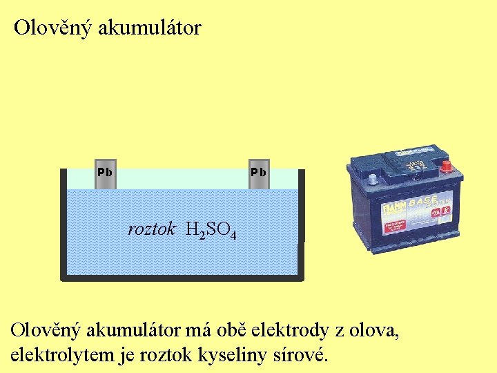 Olověný akumulátor Pb Pb roztok H 2 SO 4 Olověný akumulátor má obě elektrody