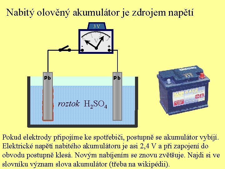 Nabitý olověný akumulátor je zdrojem napětí - 2 V 3 0 1 Pb +