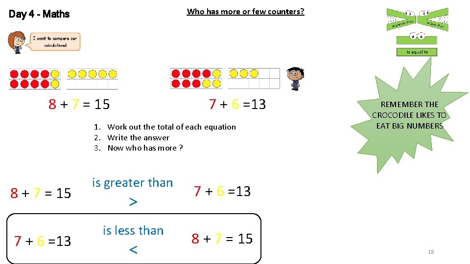 Who has more or few counters? Day 4 - Maths 8 + 7 =