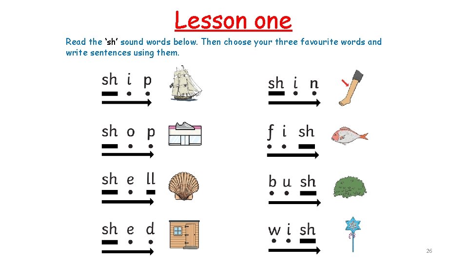 Lesson one Read the ‘sh’ sound words below. Then choose your three favourite words