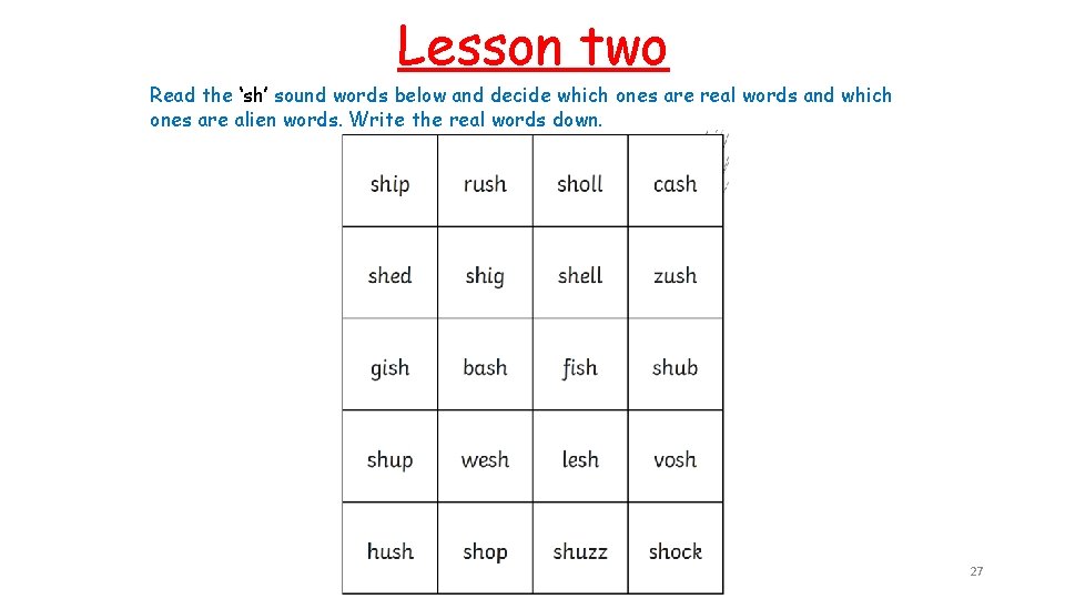 Lesson two Read the ‘sh’ sound words below and decide which ones are real