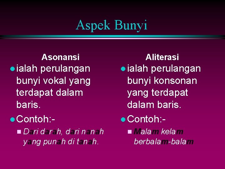 Aspek Bunyi Asonansi l ialah perulangan bunyi vokal yang terdapat dalam baris. l Contoh: