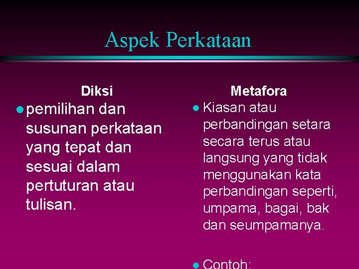 Aspek Perkataan Diksi l pemilihan dan susunan perkataan yang tepat dan sesuai dalam pertuturan