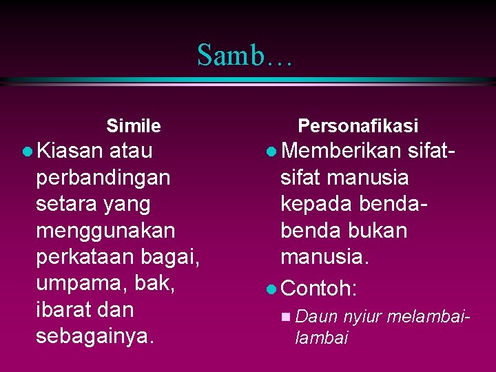 Samb… Simile l Kiasan atau perbandingan setara yang menggunakan perkataan bagai, umpama, bak, ibarat