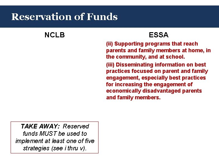 Reservation of Funds NCLB ESSA (ii) Supporting programs that reach parents and family members