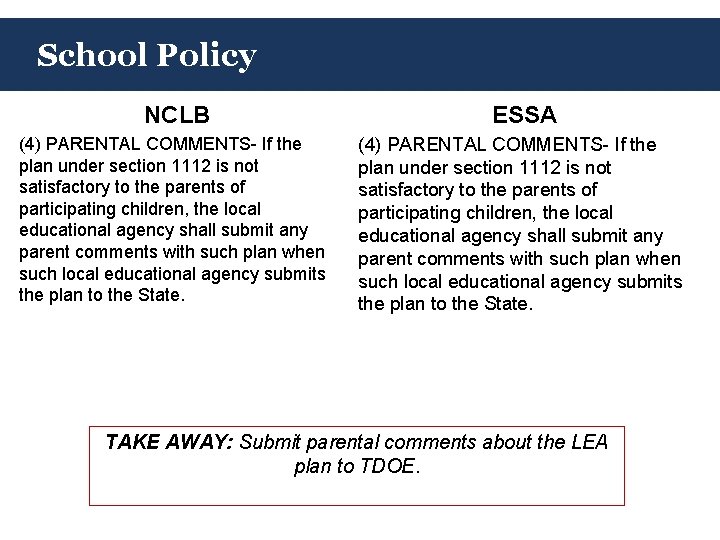 School Policy NCLB ESSA (4) PARENTAL COMMENTS- If the plan under section 1112 is