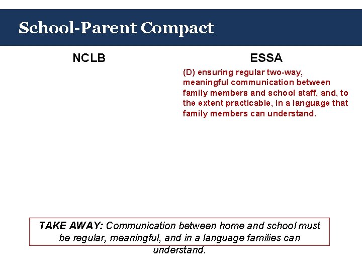 School-Parent Compact NCLB ESSA (D) ensuring regular two-way, meaningful communication between family members and